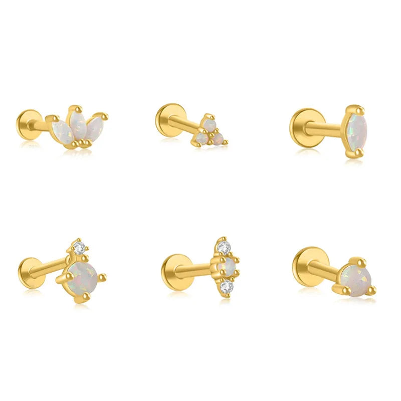 S925 silver opal stud earrings, opal light luxury temperament earrings, geometric piercing jewelry, flat stud earrings