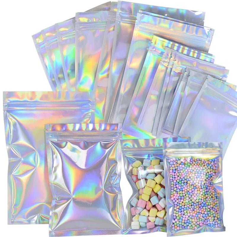 200PCS Laser Ziplock Bag Necklace Earrings Jewelry Gift Packing Bags Cell Phone Cases Colorful Packing Bags Kitchen Organizer