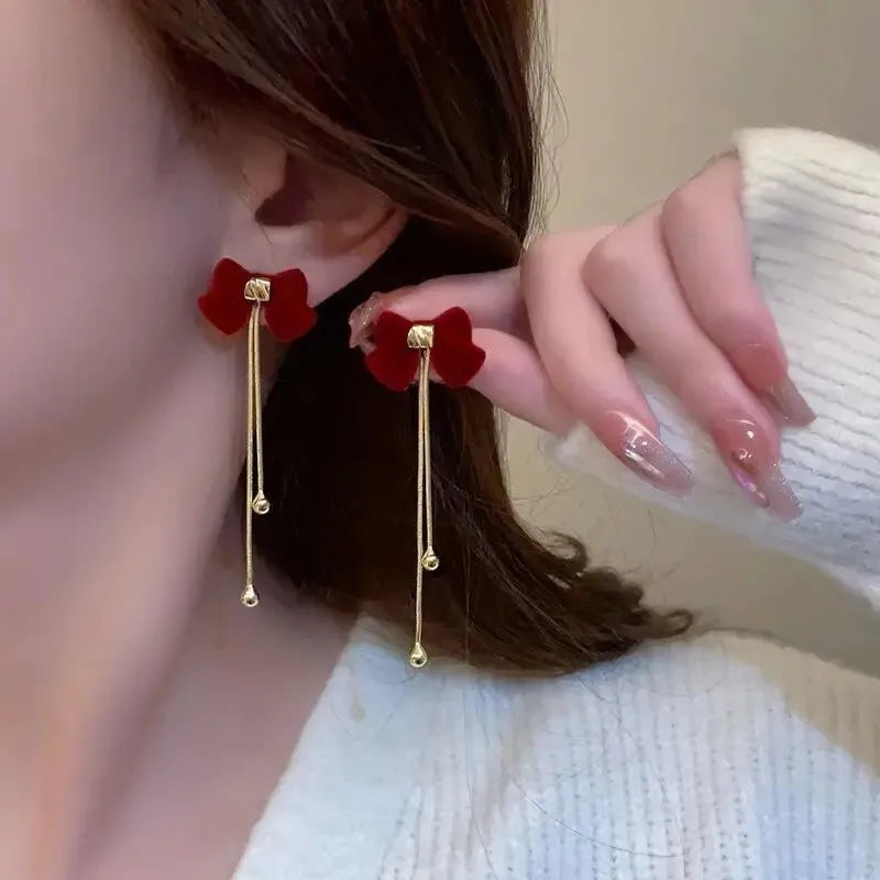 Vintage Wine Red Flocking Flower Drop Earrings For Women Jewelry 2026 Trending Long Bowknot Crystal Pearl Bridal Dress Earrings