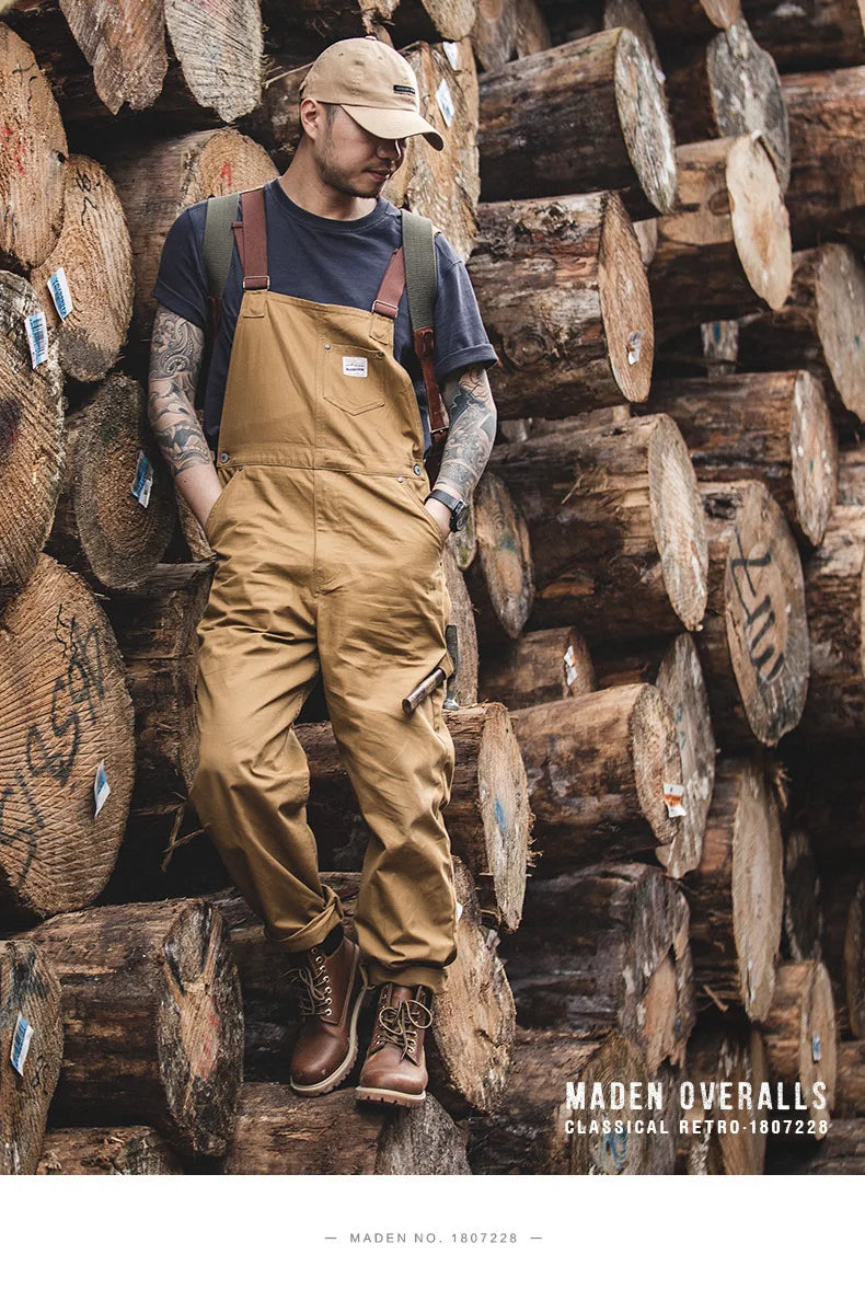 Japanese Vintage Khaki Suspenders Bibs Spring Autumn Canvas Cargo Pants Streetwear Men Rompers Full Length Trousers Jumpsuits
