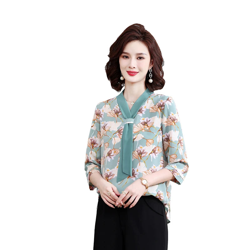Fashion Printed Spring and Autumn shawl collar Women's Fashion Floral Checked Mid Sleeved Loose Chiffon Tops