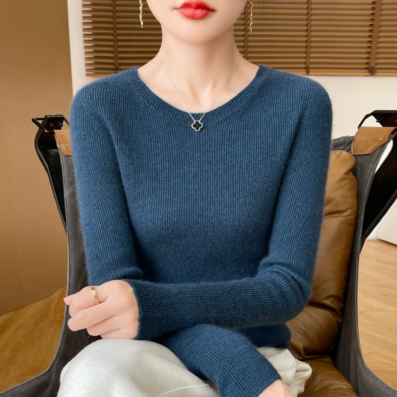 Early Fall New Crew-Neck Sweater Elegant High Elastic Simple Solid Color Thin Knit Crew-Neck Sweater Long Sleeve-GH458