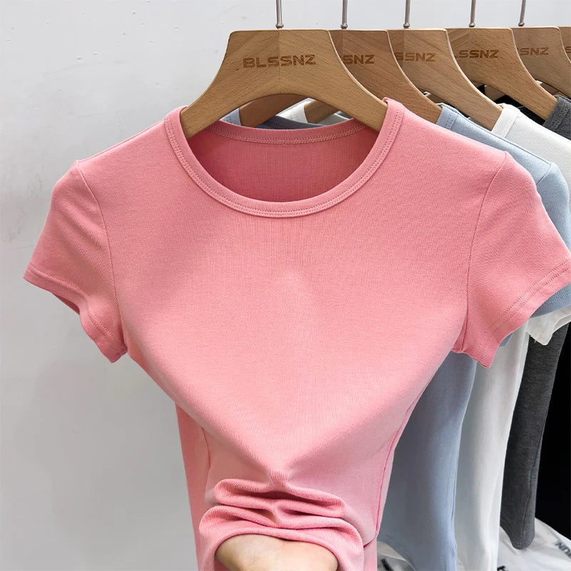 AOSSVIAO 2026 Summer White Cotton O Neck T-shirt Student Short Sleeve Versatile Tops Solid Slim Fit T Shirts Y2k Tee