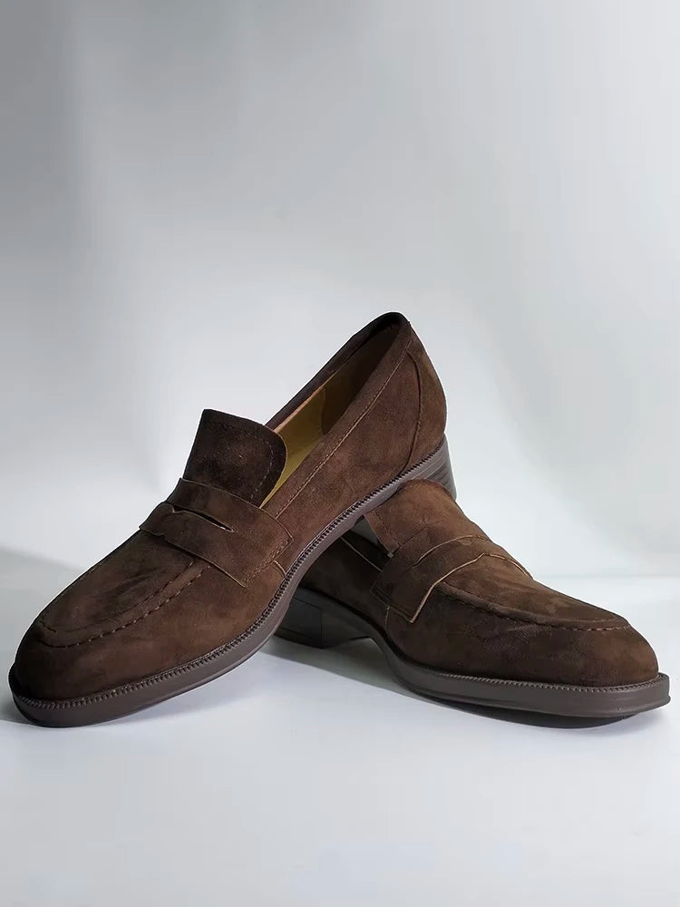 2025 NEW Trend Women Loafers Natural Suede Spring Autumn Ladies Low Block Heels Elegant Round Toe Black Brown Splicing Loafers