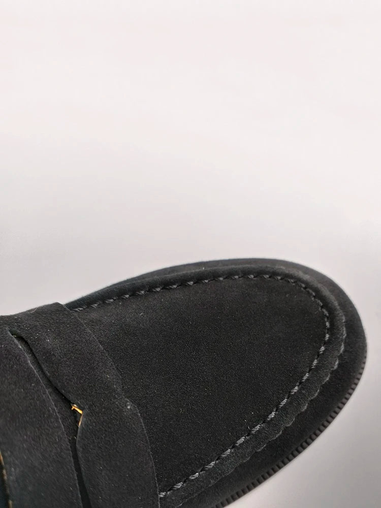 2025 NEW Trend Women Loafers Natural Suede Spring Autumn Ladies Low Block Heels Elegant Round Toe Black Brown Splicing Loafers