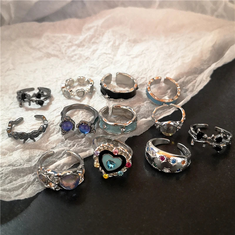 Y2K Kpop Crystal Heart Star Adjustable Irregular Geometry Punk Vintage Harajuku Rings Set For Women Girl Fashion Grunge Jewelry