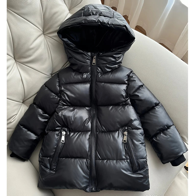 3-8 Years Girls Cotton Jacket 2025 Winter New Black Thick Warm Hooded Zipper Windbreaker Coat For Boys Cold-proof Down Snowsuit