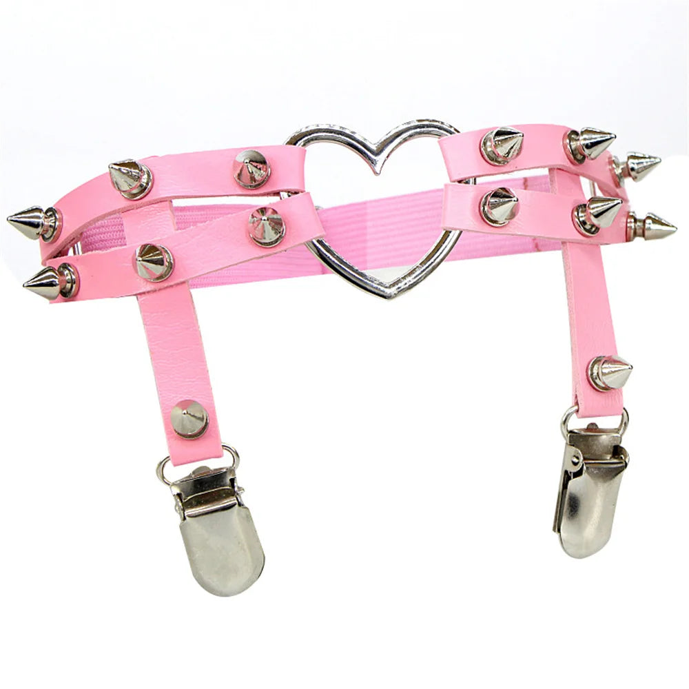 New 80s Punk Goth Round Bow Heart PU Leather Elastic Leg Chain Rings Body Jewelry On The Legs Elastic Body Suspender Jewelry