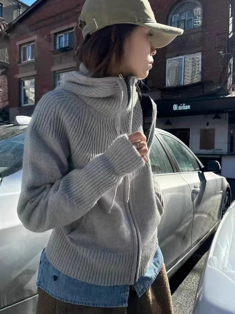 High-end double zipper hooded 100% cashmere knitted cardigan women's sweater loose hooded sweater for autumn winter wool coat