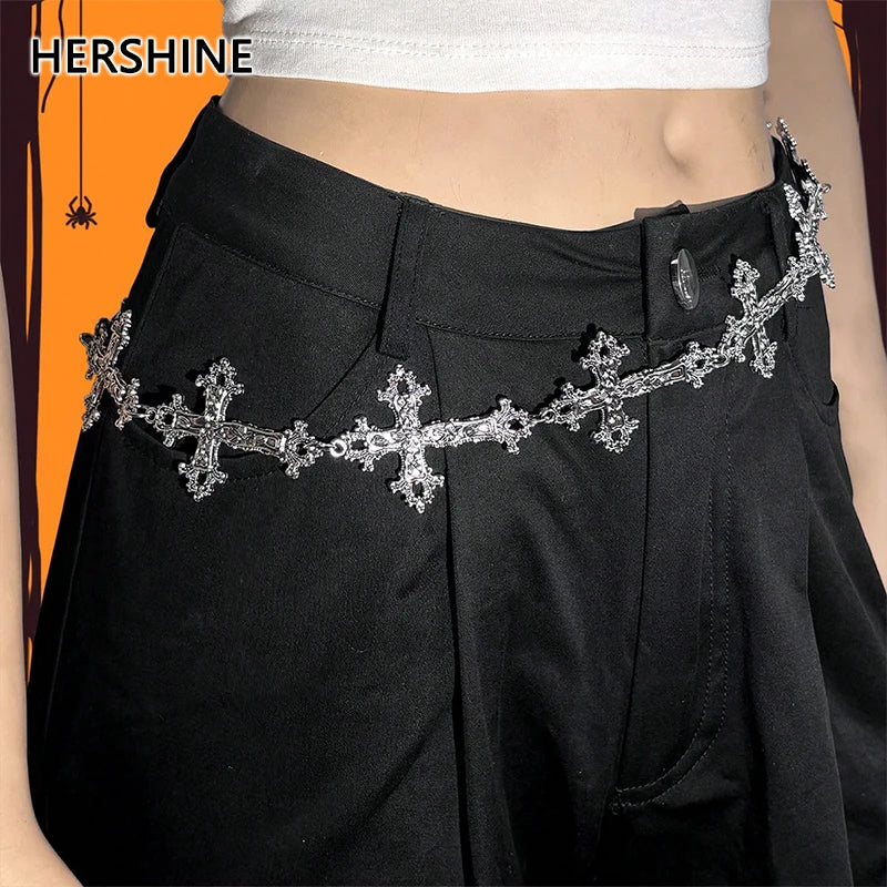 HERSHINE 1-piece women's fashion silver cross metal waist chain, Y2K gothic punk rock hip hop cosplay accessory，spring，summer