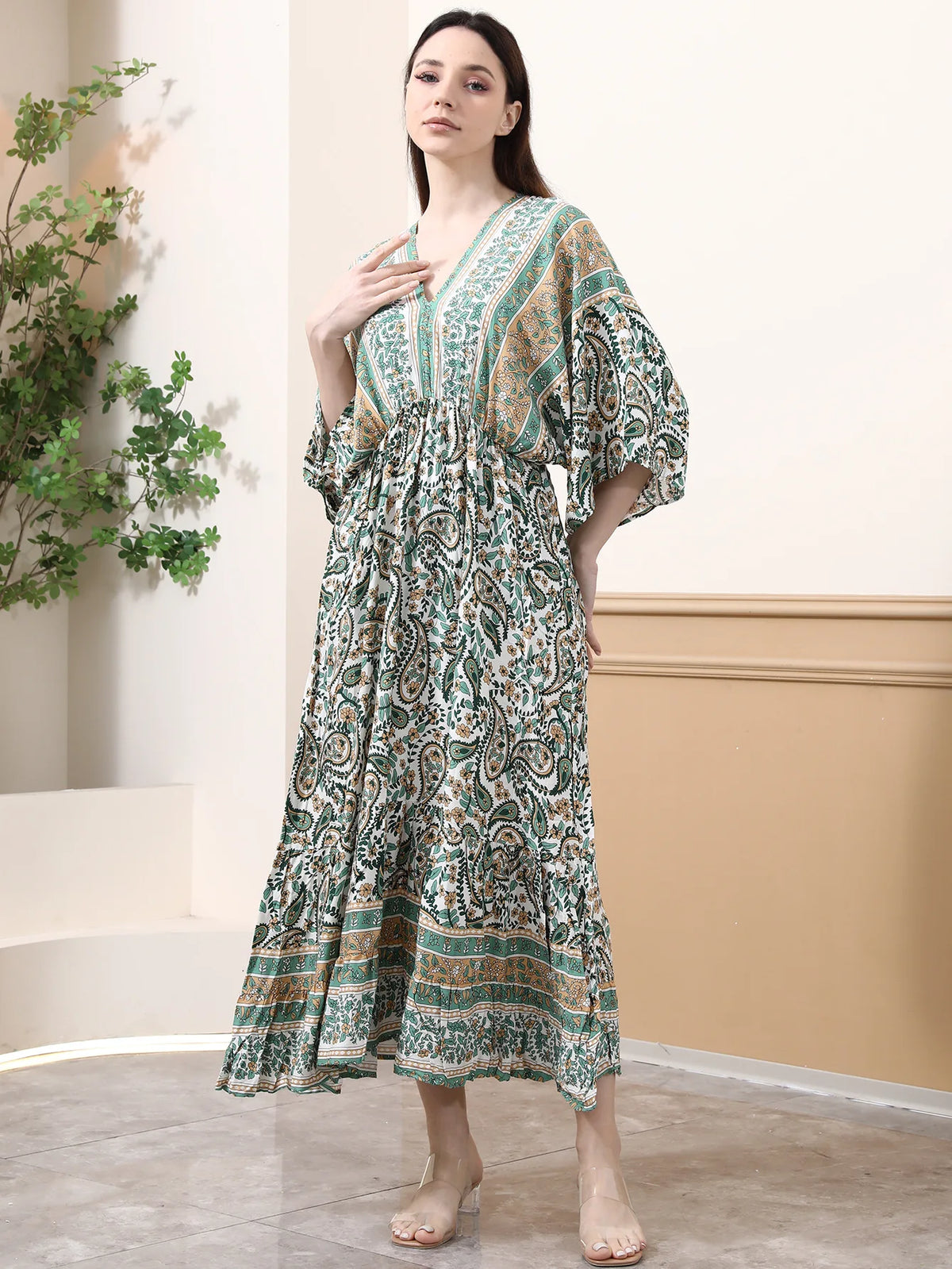 Bohemian Oversize Loose Elastic Waist Maxi Dresses Women Robe Cotton Rayon Floral Printed Long Dress Summer Boho Beach Cover up