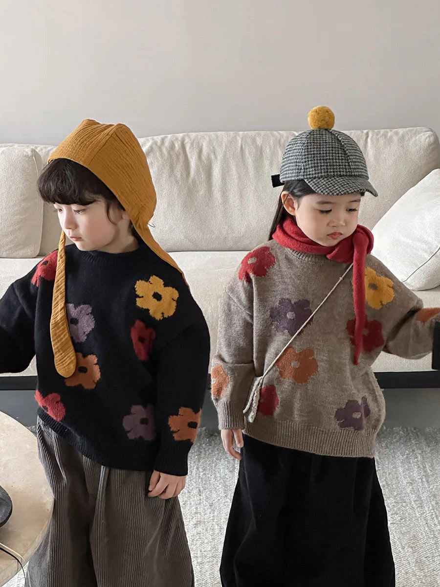 deer jonmi 2025 New Autumn Unisex Children Flowers Knitted Sweaters Retro Baby Boys Girls Pullovers Sweater