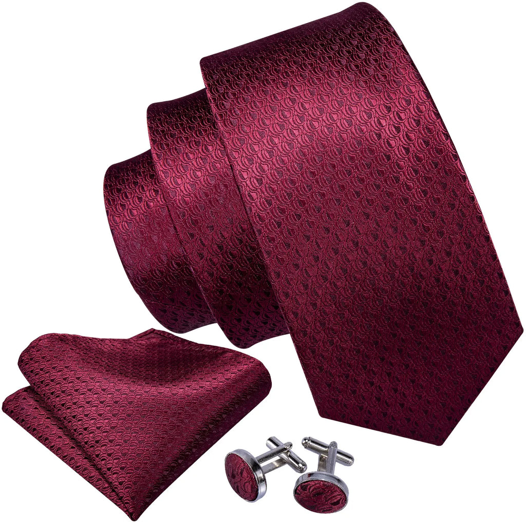 Burgundy Mens Tie Hanky Cufflinks Brooch Set Jacquard Red Wine Maroon Necktie Collar Pin For Male Wedding Events
