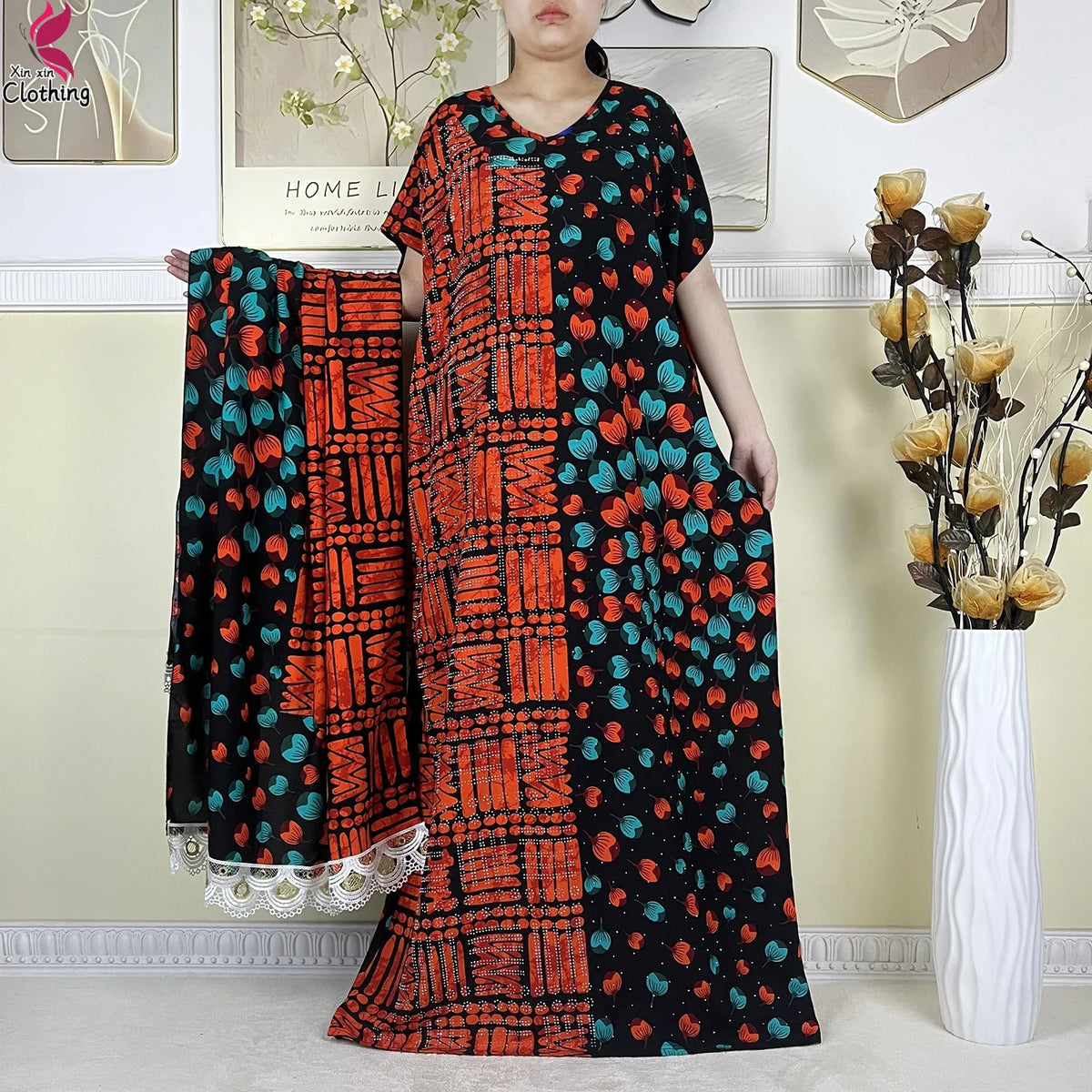 2025 New Summer Abaya Short Sleeve Dress With Big Scarf Printing Floral Loose Dress Islam Kaftan Women African Abaya Clothing