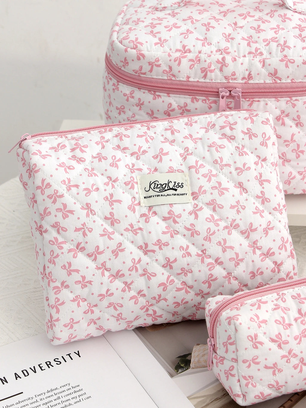Pink Color Bowknit Print Cosmetic Bag Large Capacity Makeup Bag Pouch Skincare Toiletry Bag Travel Dorm Jewelry Lip Organizer