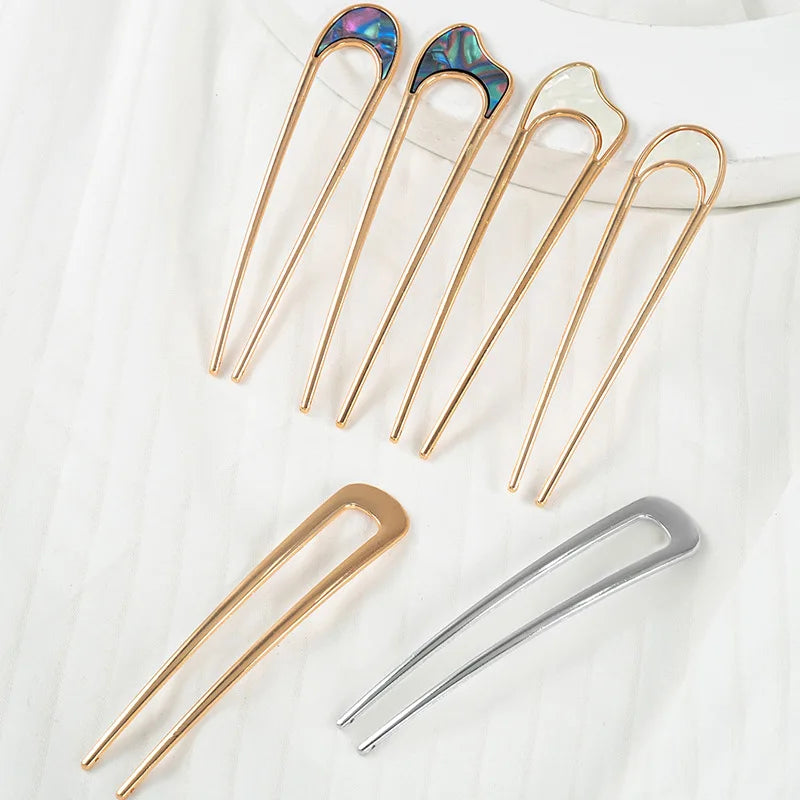 Fashion Luxury Silver Gold Color Elegant Shell Enamel Hairpin for Women Metal U Shape Hair Stick Hairwear Accessories Jewelry