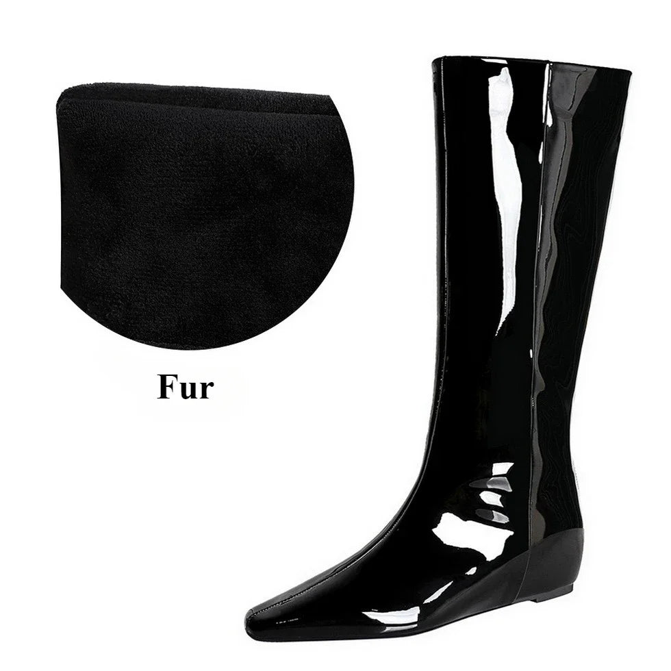 BIGTREE New Black Wedge Heels Women Modern Boots Female Shoes 2025 Fashion Luxury Pointed Toe Ladies Long Knee Western Boots
