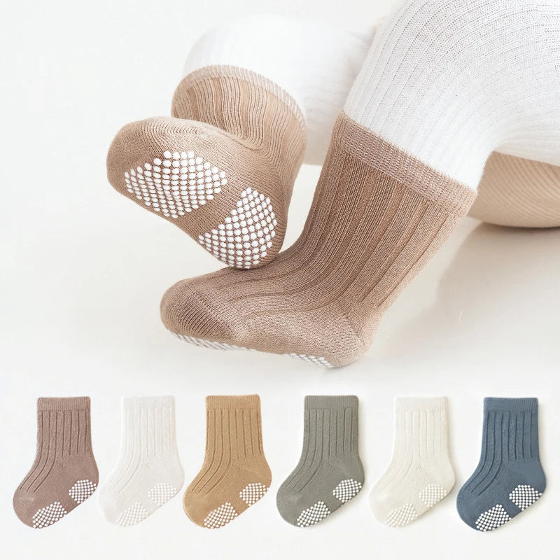 3 Pairs/lot Four Seasons Toddler Baby Anti-slip Socks for Newborns Cute Solid Color Cotton Non Slip Boys Girls Floor Socks 0-8Y
