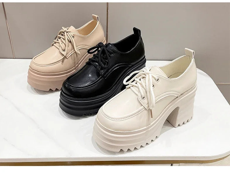 Gothic Chunky High Heels Loafers for Woman New Leather Platform Loafers Female Solid Color Thick Heeled Lolita Shoes 2024