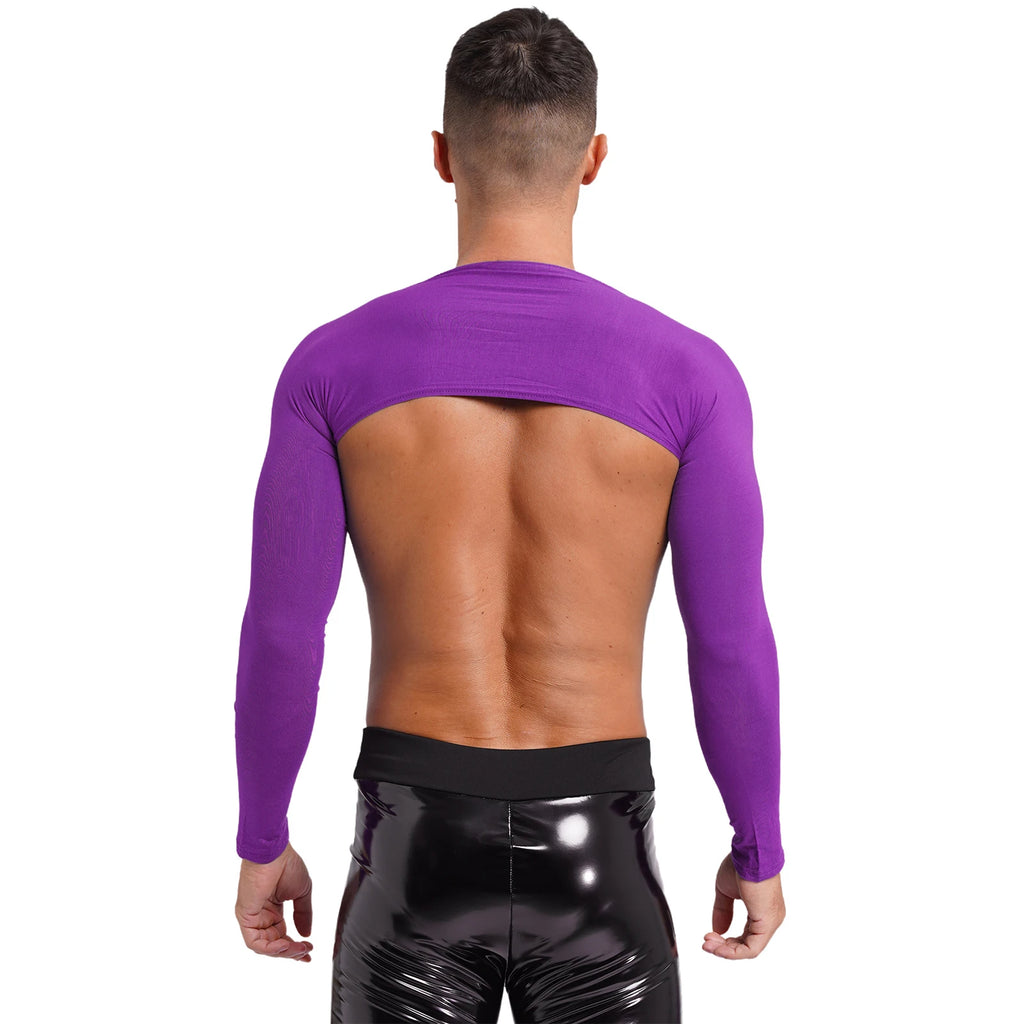 Men Open Front Half Crop Top Solid Long Sleeve Cardigan Bolero Shrug Tops Muscle Arm Sleeves Workout Sports Gym Tops Clubwear