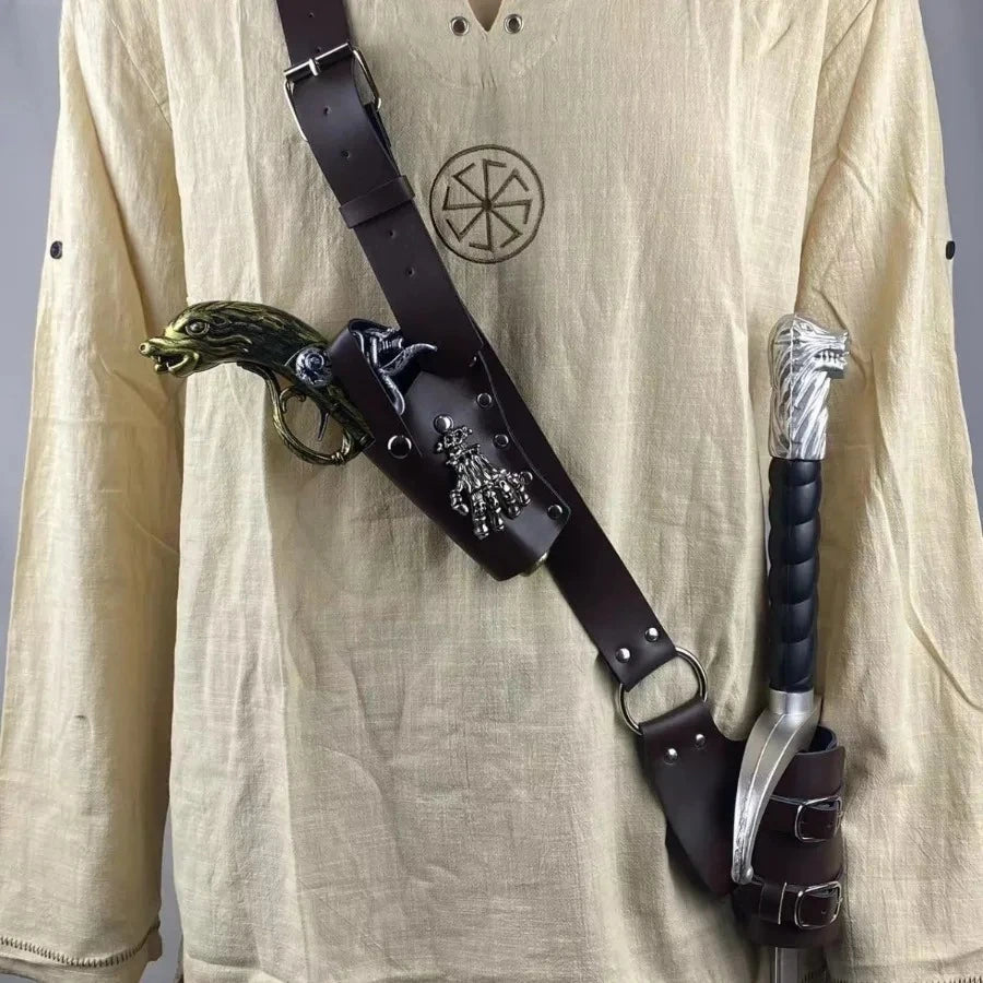 Shoulder Belt Adjustable Sword Gun Holder Sheath Scabbard Frog Leather Armor Pirate Halloween Costume Rapier Medieval Holster