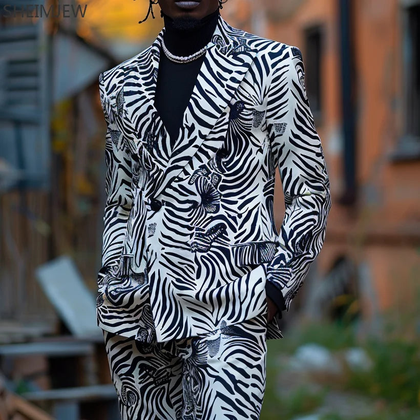 Casual Long Sleeve Animal Jacket & Pant Two-piece Men's Classic Leopard Color Print Suit Carnival Ball Suits Party Customized