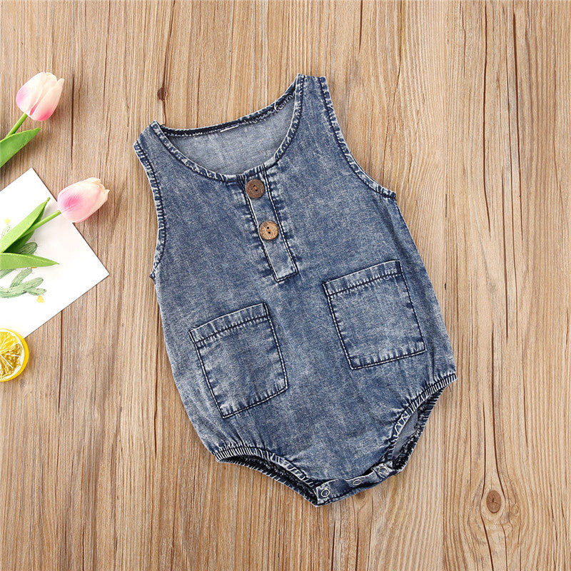 0-24months Toddler Summer Playsuits Baby Denim Blue O-Neck Sleeveless Button Open Denim Bodysuit For Infant Boys And Girls