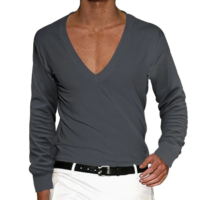 2025 Men's T-Shirt Summer Shirts Low Cut Deep V Neck Comfortable Shirt Tops Men's Long Sleeve Casual Pullover Sexy Slim Fit Tees