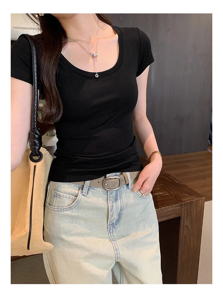 Spring Summer New Short Sleeve T-Shirt Women Solid Simple Casual Soft All-Match Hot Basic Slim Tops Tees Summer Fashion 2026