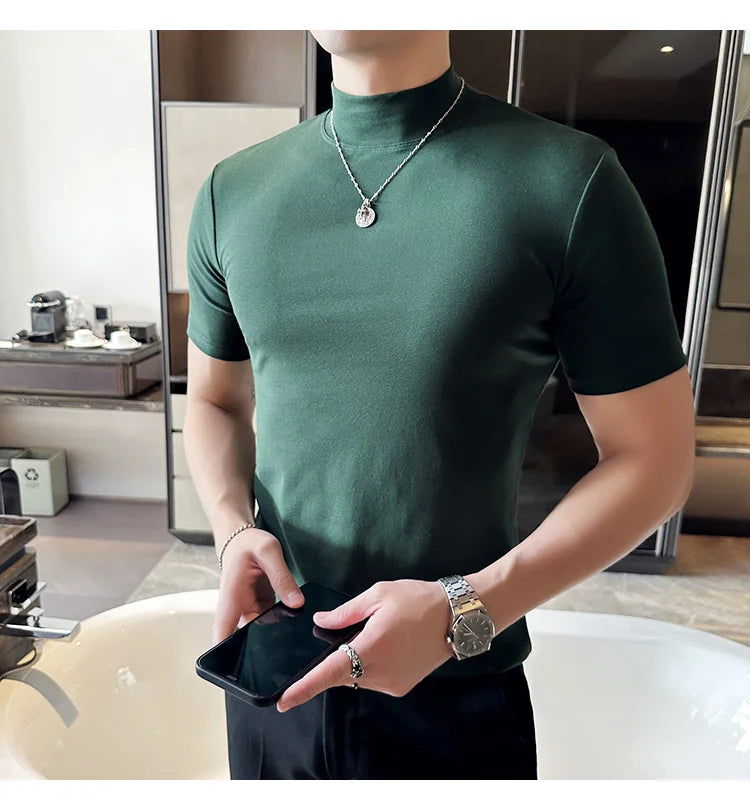 Spring Summer Men's Half High Neck Short Sleeve T-shirt Korean Slim Fit Solid Color Bottom Shirt Casual Cotton Elastic T-shirts
