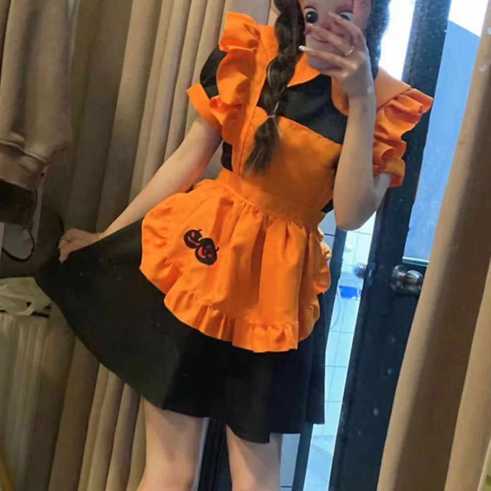 Halloween costume  cosplay  restaurant  anime costume embroidery pumpkin maid  vestido birthday dress for women