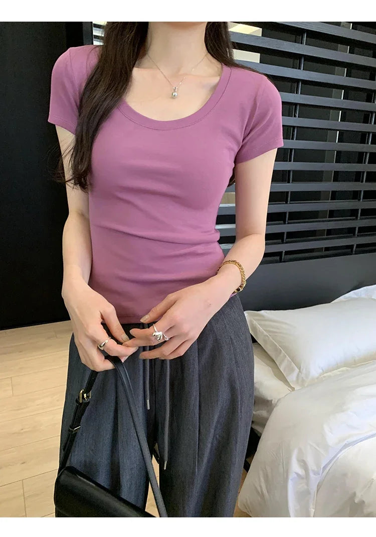 Spring Summer New Short Sleeve T-Shirt Women Solid Simple Casual Soft All-Match Hot Basic Slim Tops Tees Summer Fashion 2026