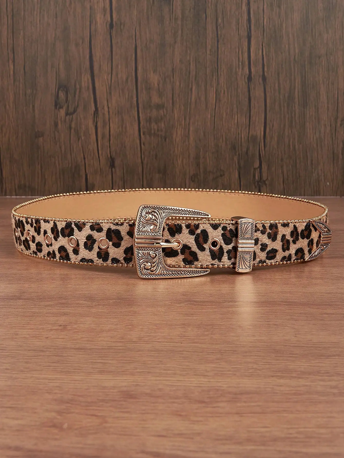 1pc Men Leopard Vintage Engraved Metal Buckle Pearl Edged Jeans Belt, Versatile For Casual Wear Halloween