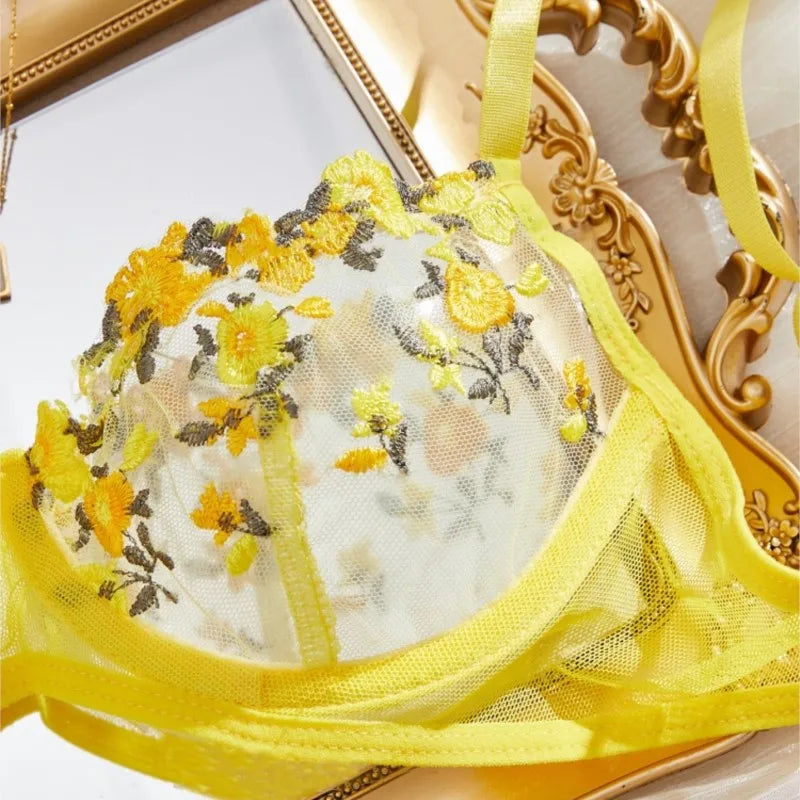 Valentine's Day Lingerie Ultra Sexy Yellow Flower Embroidery Sheer Bra And Panty Set Thin Cup Women's Bikini 2 Piece Underwear