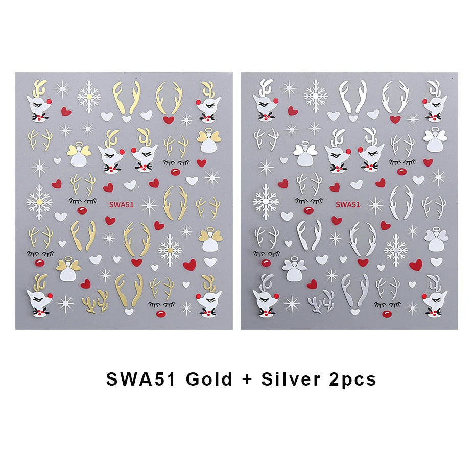 2pcs 3D Gold Silver Elk Nail Art Stickers Cartoon Christmas Snowflakes Decal DIY Star Heart Nail Art Manicure Decoration Decals