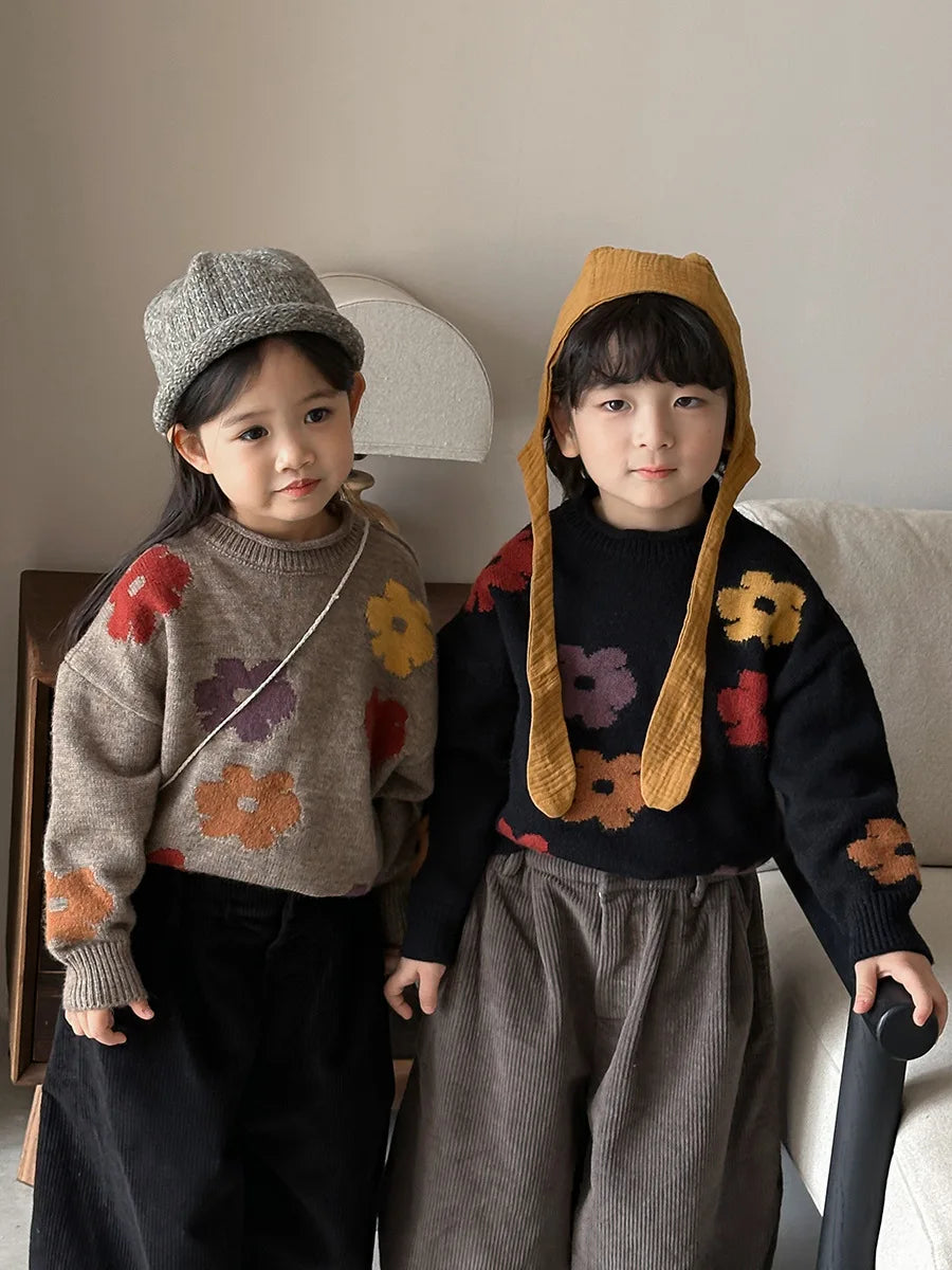 deer jonmi 2025 New Autumn Unisex Children Flowers Knitted Sweaters Retro Baby Boys Girls Pullovers Sweater