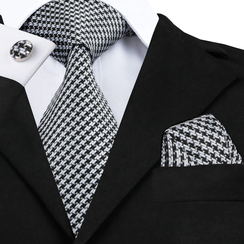 Hi-Tie White Grey Paisley 2026 New Mens Tie Hanky Cufflink Set Necktie For Men Wedding Party Business Men Tie Fashion Brand
