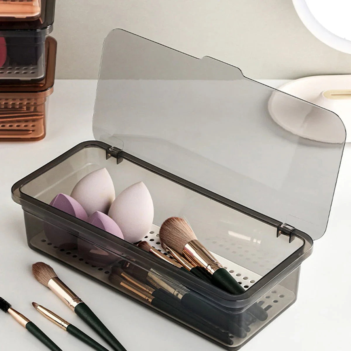 1pc Makeup Brush Storage Box, Dust-proof Transparent Storage Case With Cover  Draining Tray, Beauty Egg Eye Shadow Brush Storage