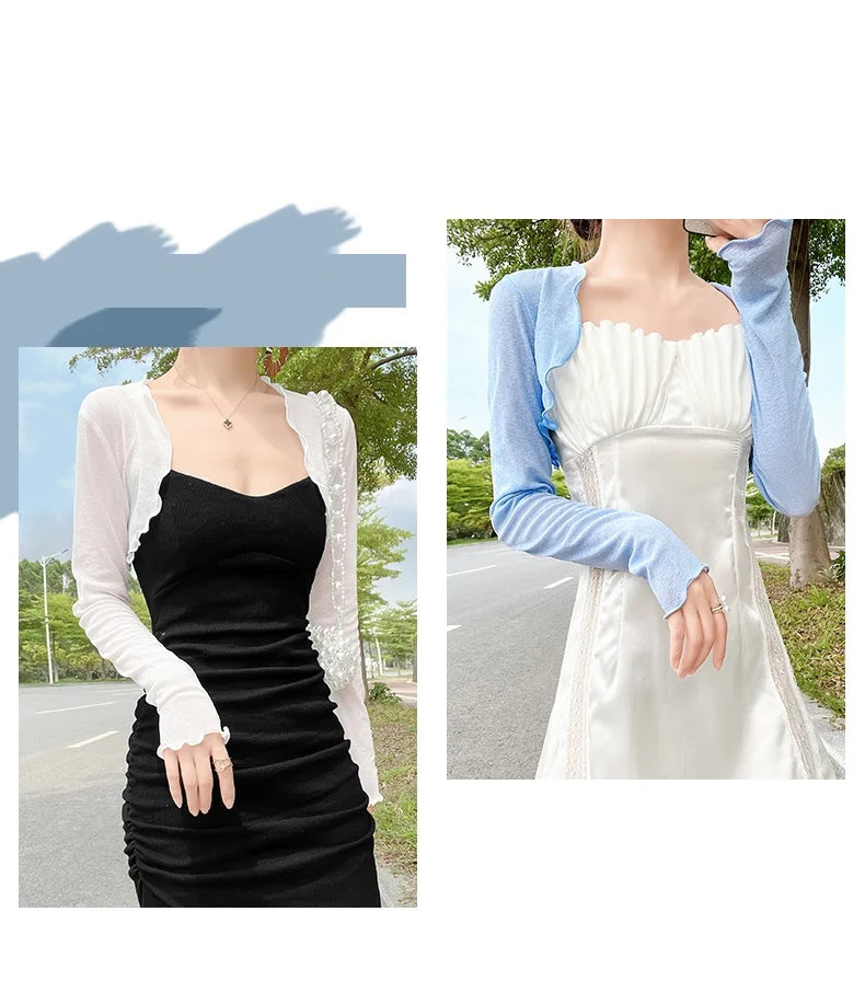 Womens Ruffle Long Sleeve Cropped Evening Shrug Open Front Bolero Tops Cardigan Long Sleeve Short Coat Cover-ups