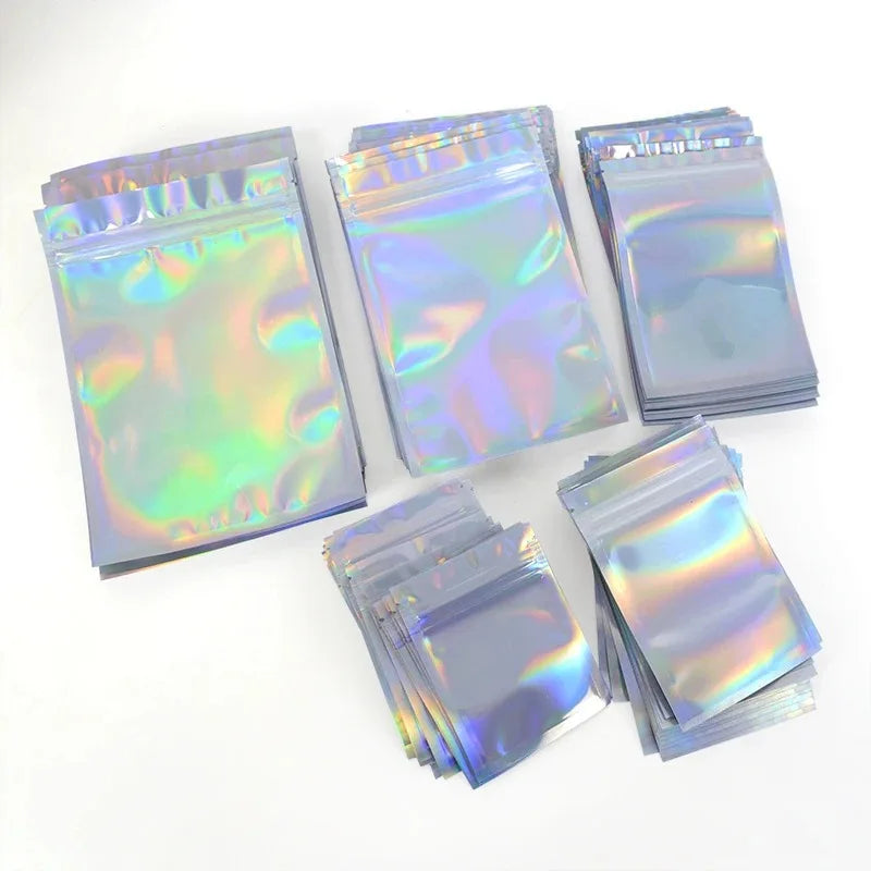200PCS Laser Ziplock Bag Necklace Earrings Jewelry Gift Packing Bags Cell Phone Cases Colorful Packing Bags Kitchen Organizer