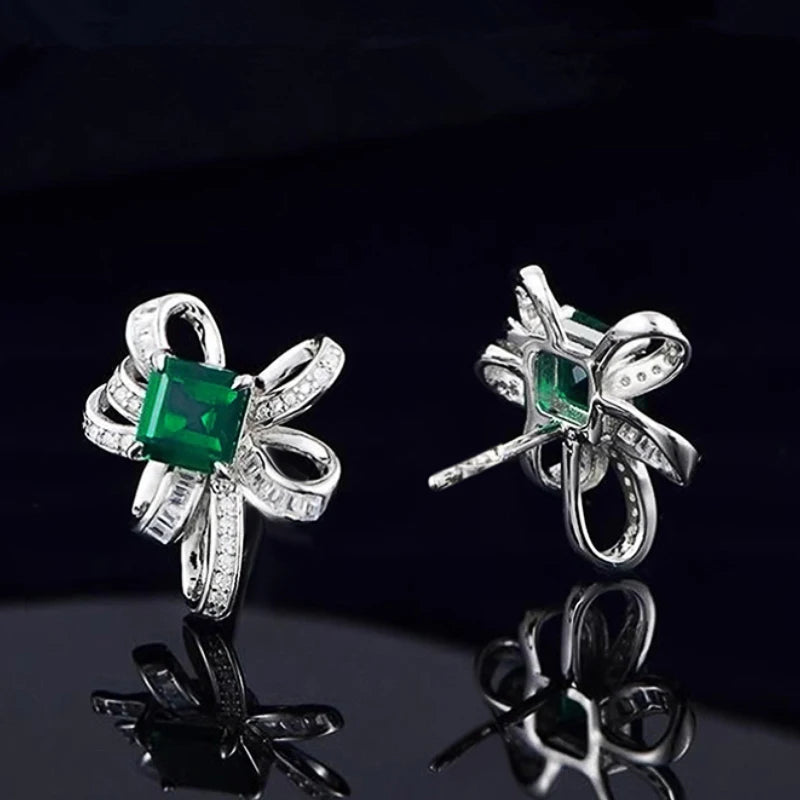 Huitan Aesthetic Knot Design Women Stud Earrings with Bright Green CZ Charming Wedding Fashion Accessories Party Daily Jewelry