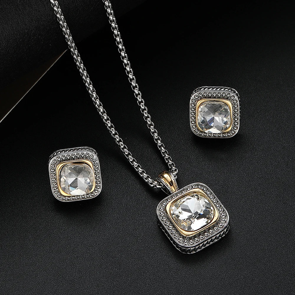 Zircon Necklace Set Geometric Square Pendant Earrings Copper Plated 18K Gold Jewelry Set