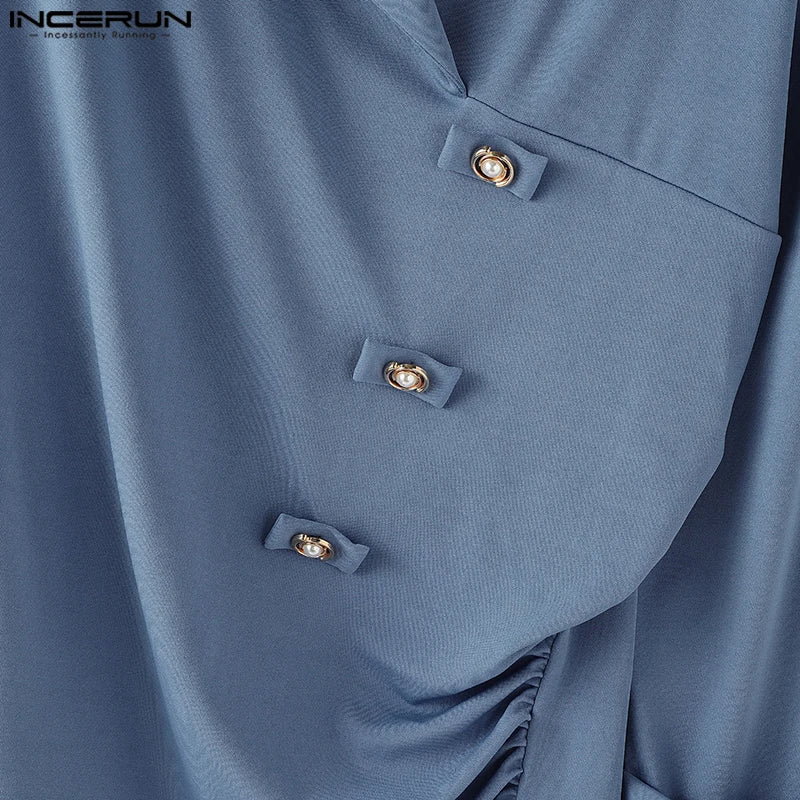 INCERUN Men Irregular Shirt V Neck Long Sleeve Solid Color Men Clothing Loose Pleated Streetwear 2025 Casual Irregular Shirts