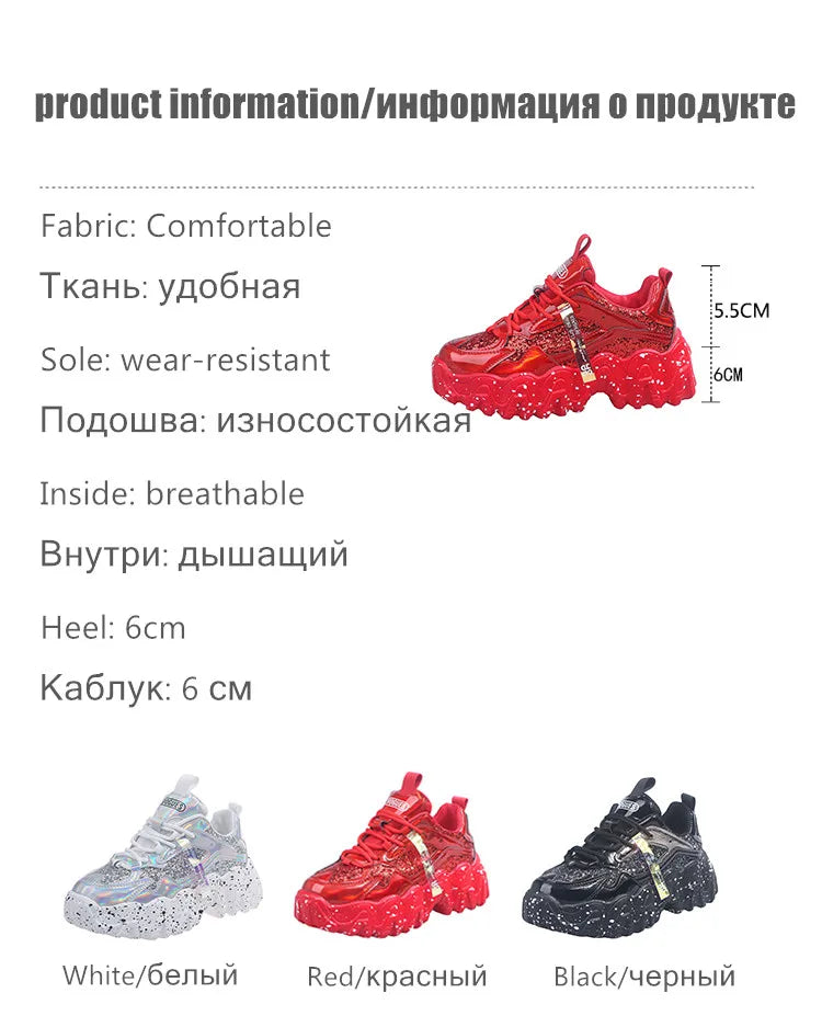 Comemore Women New Bling Platform Sneakers for Girls Casual Chunky Sneaker 6cm Thick Bottom Sports Shoes Platform Red Silver 40