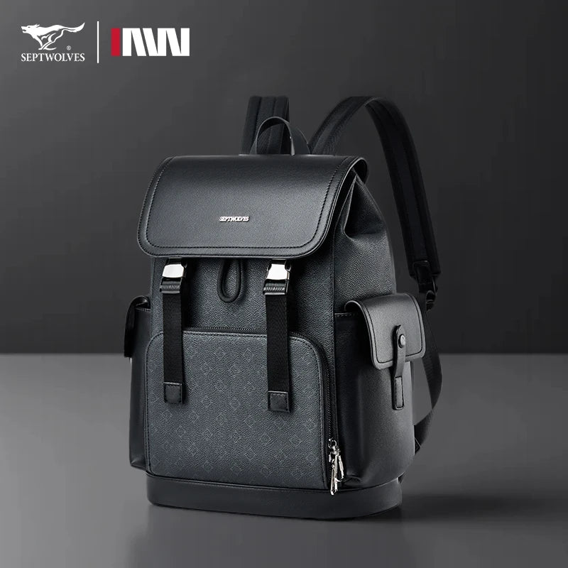 Septwolves Stylish Man Printed Leather Travel Backpack High Qualit Business Work Commuting Flip Print Monogram Laptop Backpack