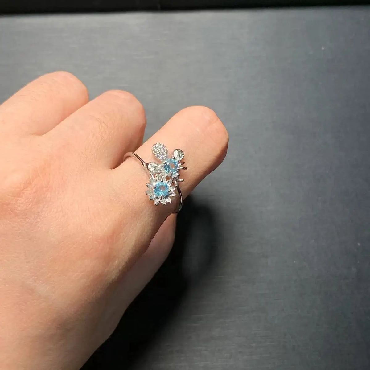 Anillo ajustable de topacio azul natural MM para mujer, joyería de regalo, venta al por mayor, de alta calidad, vintage, fino