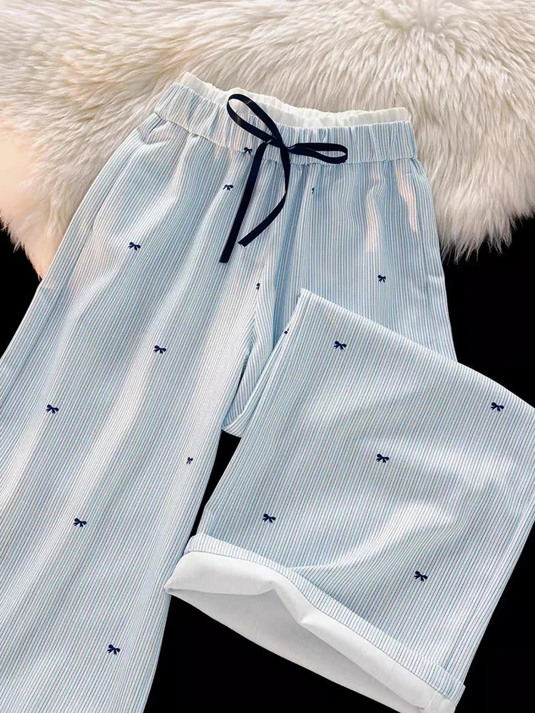 Zoki Sweet Bow Striped Pants Women High Waist Korean Casual Wide Leg Trousers Elegant Fashion Loose Cute Female Spring Pants New