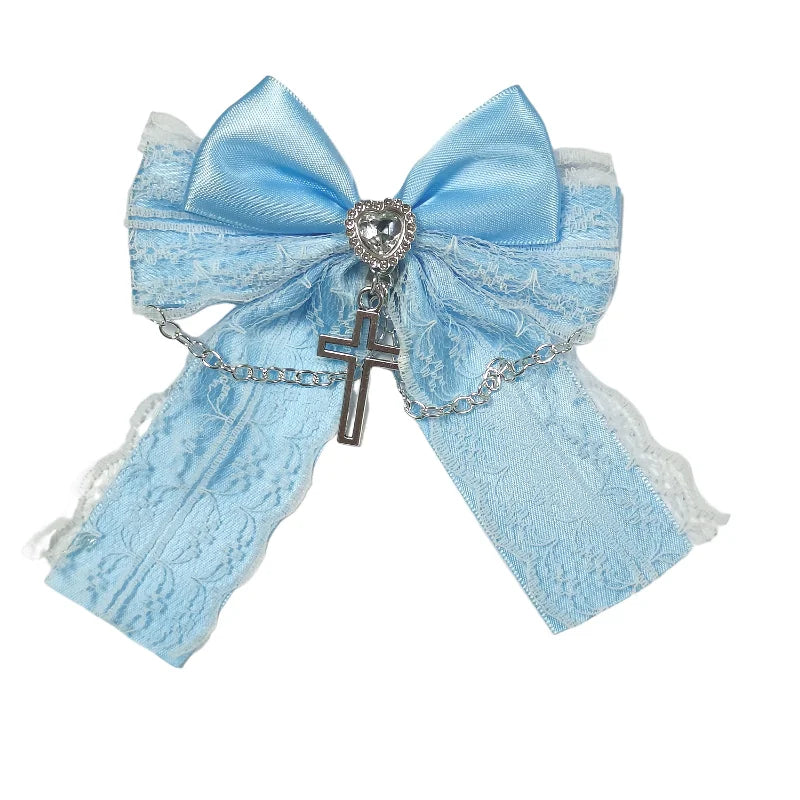 Pinzas de lazo bonitas estilo Harajuku Y2K estético Lolita con cadenas cruzadas góticas negras, azules, blancas y dulces de encaje para el pelo para niñas y mujeres