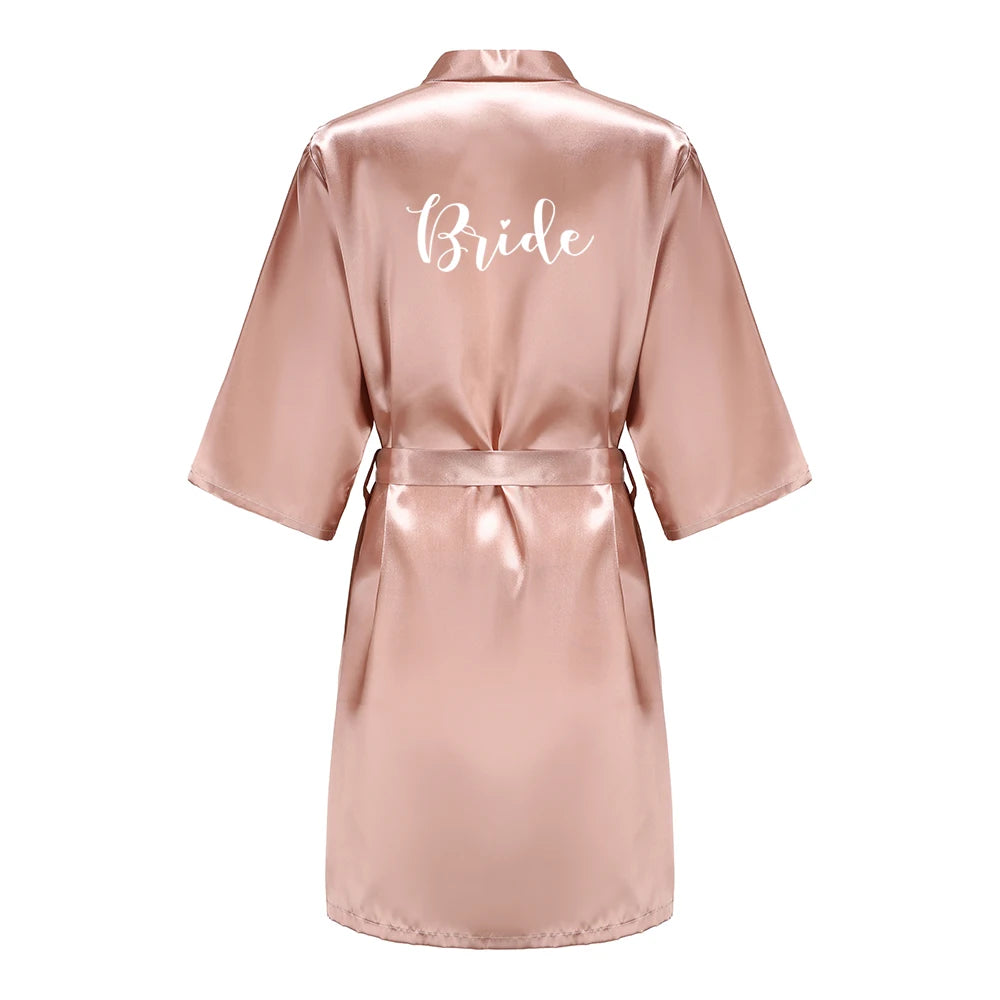 Women's Satin Kimono Robes With White Letter Bride Bridesmaid Short Getting Ready Wedding Dressing Gown