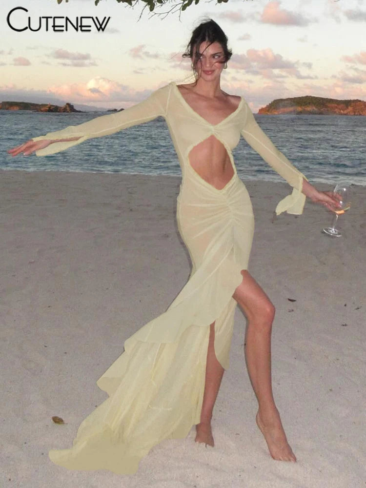 Cutenew Mesh Concise Dress Women Classic Holiday Style Long Sleeve Cut out Shirring Asymmetrical Robe Female Elegant Attirewear